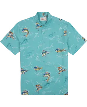 Fish Game Short Sleeve Button Up Shirt-Seafoam