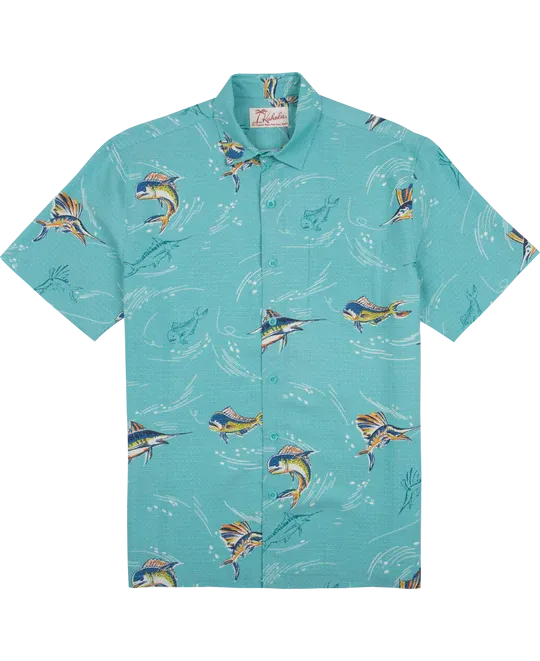 Fish Game Short Sleeve Button Up Shirt-Seafoam