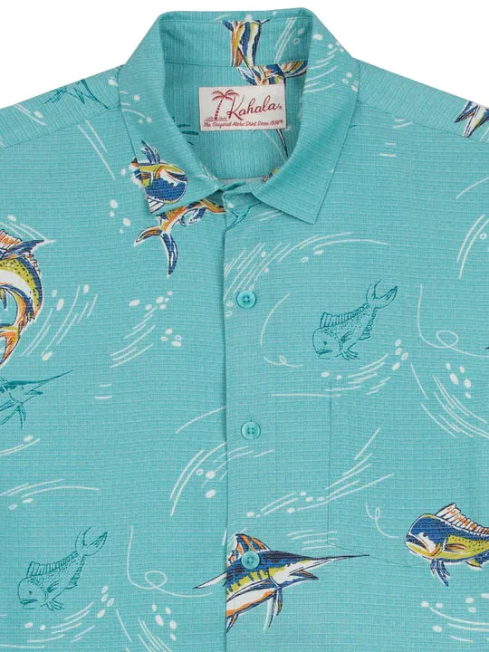 Fish Game Short Sleeve Button Up Shirt-Seafoam