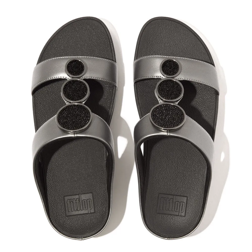 'FitFlop' Women's Halo Bead-Circle Leather H-Bar Slide Sandal - Pewter / Black