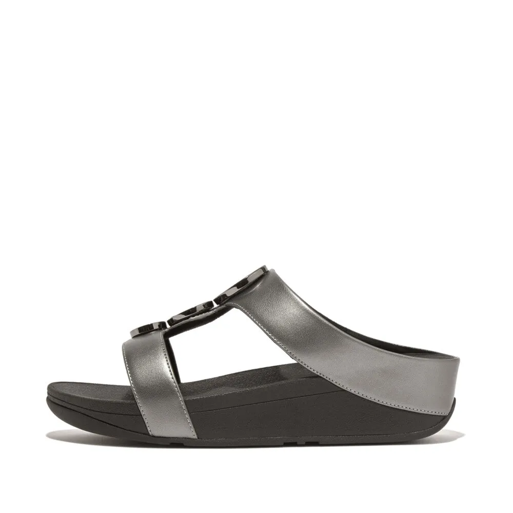 'FitFlop' Women's Halo Bead-Circle Leather H-Bar Slide Sandal - Pewter / Black