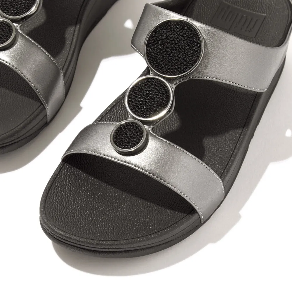 'FitFlop' Women's Halo Bead-Circle Leather H-Bar Slide Sandal - Pewter / Black