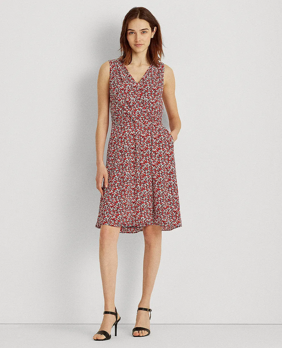 Floral Crepe Sleeveless Dress In Navy/Red/Cream