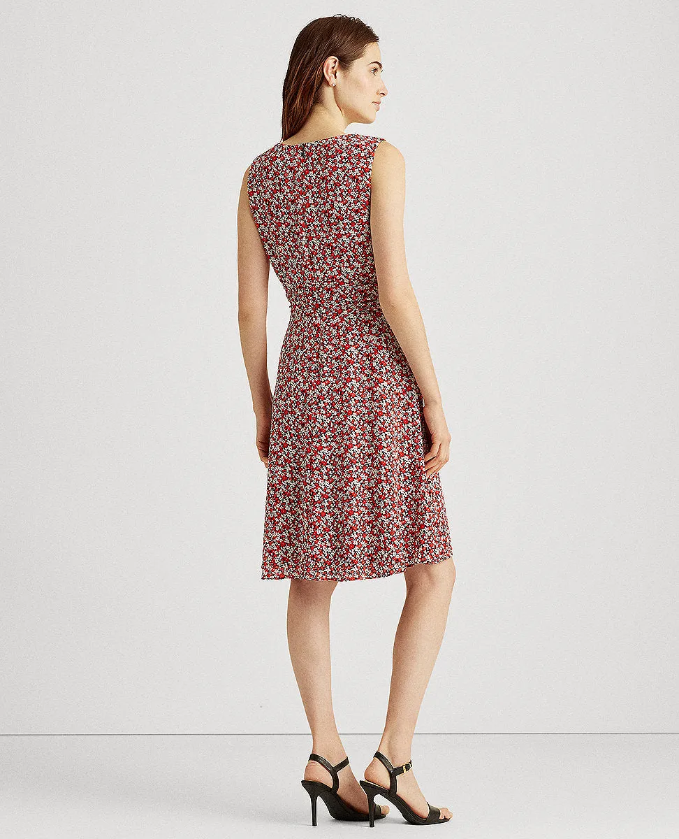 Floral Crepe Sleeveless Dress In Navy/Red/Cream