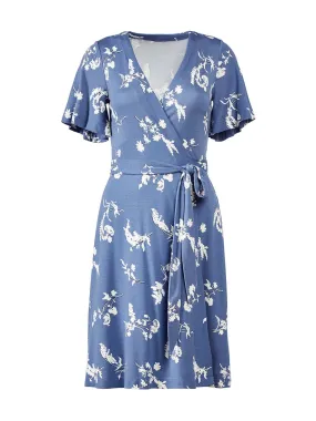 Floral Flutter Sleeve Wrap Dress in Washed Blueberry