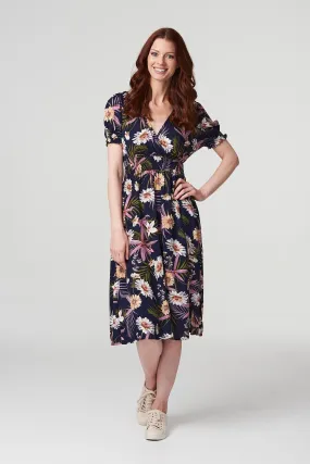 Floral Shirred Detail Midi Dress