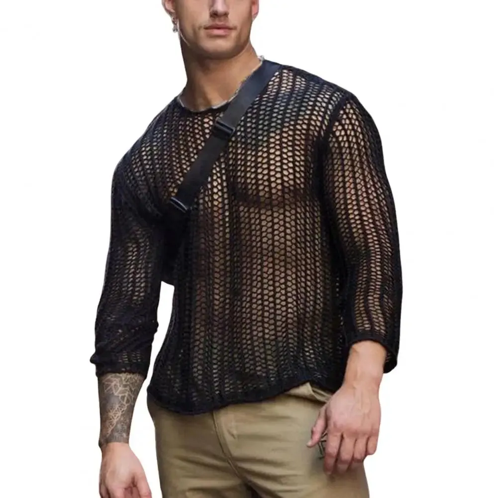 Flytonn-Fall Outfits Women Outwear Streetwear -Attractive Men Undershirt See Through Dress Up Machine Washable Autumn Men Knitted Mesh Top Muscle Undershirt