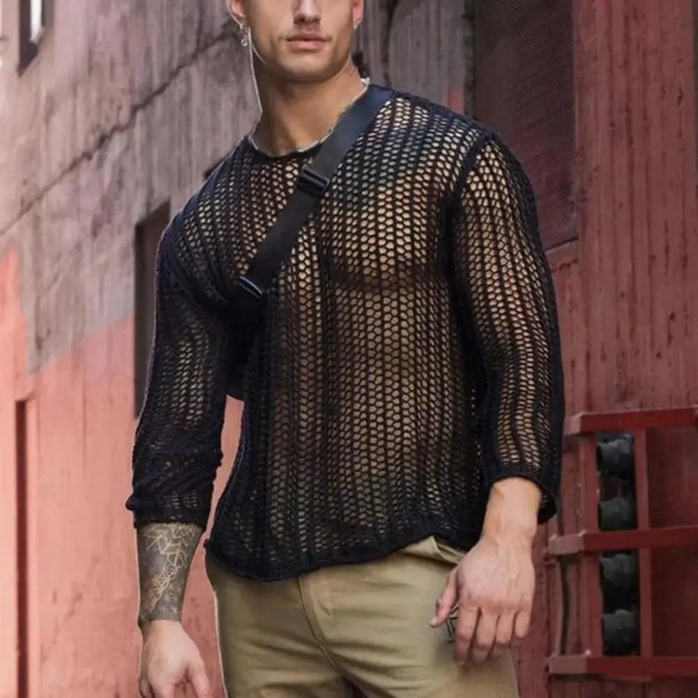 Flytonn-Fall Outfits Women Outwear Streetwear -Attractive Men Undershirt See Through Dress Up Machine Washable Autumn Men Knitted Mesh Top Muscle Undershirt