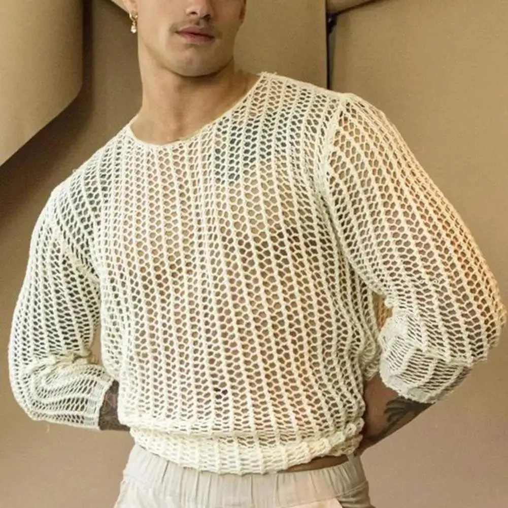 Flytonn-Fall Outfits Women Outwear Streetwear -Attractive Men Undershirt See Through Dress Up Machine Washable Autumn Men Knitted Mesh Top Muscle Undershirt