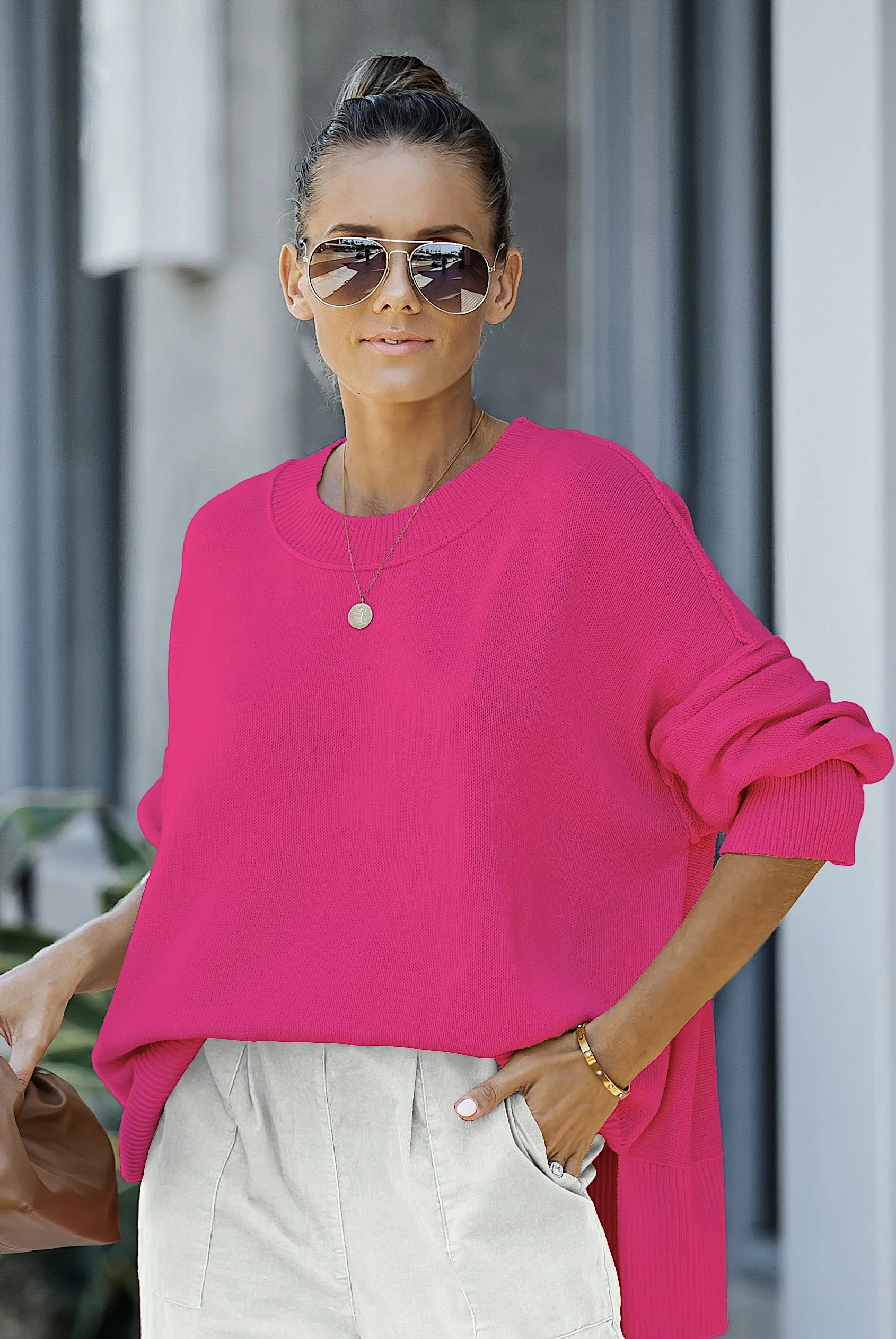 Fuchsia Dropped Shoulder Sweater