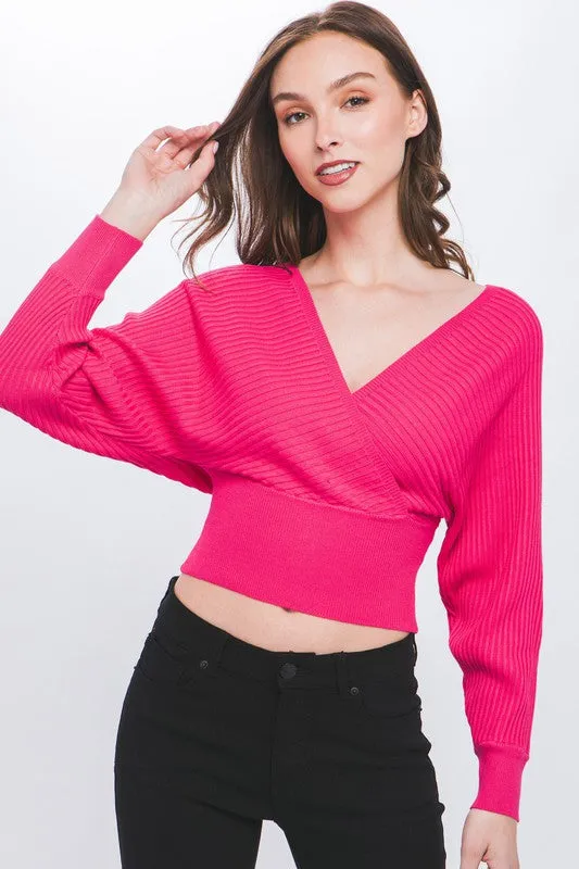 Fuchsia Surplice Neckline Ribbed Sweater