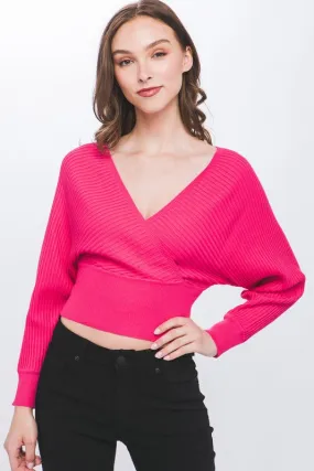 Fuchsia Surplice Neckline Ribbed Sweater