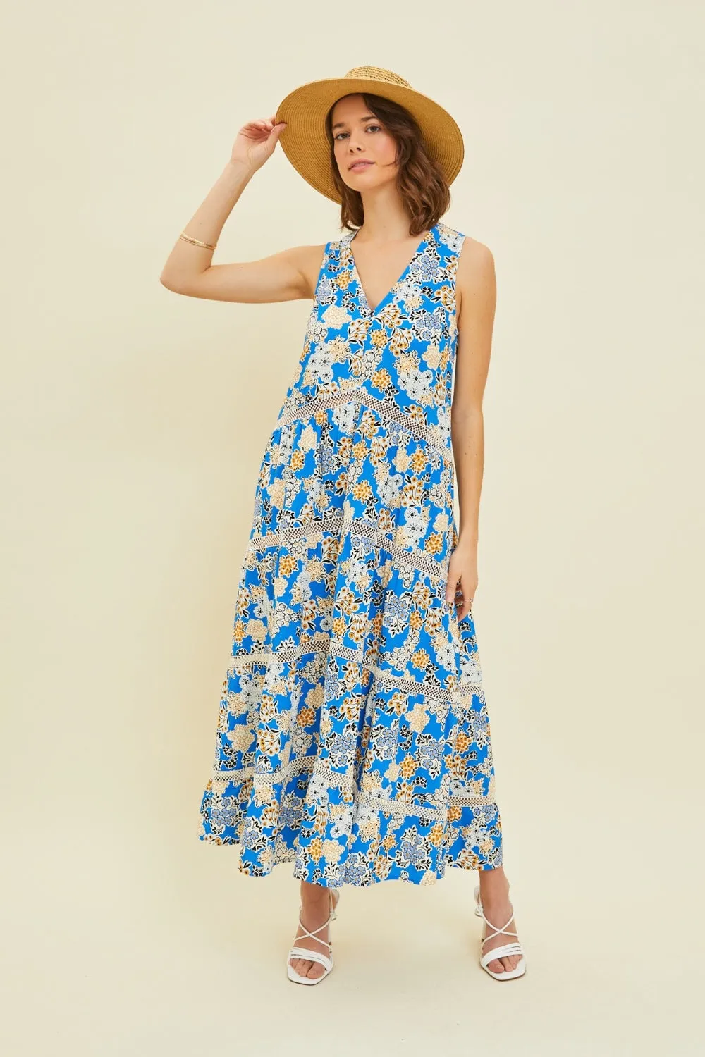 Full Size Printed Crochet Trim Maxi Dress