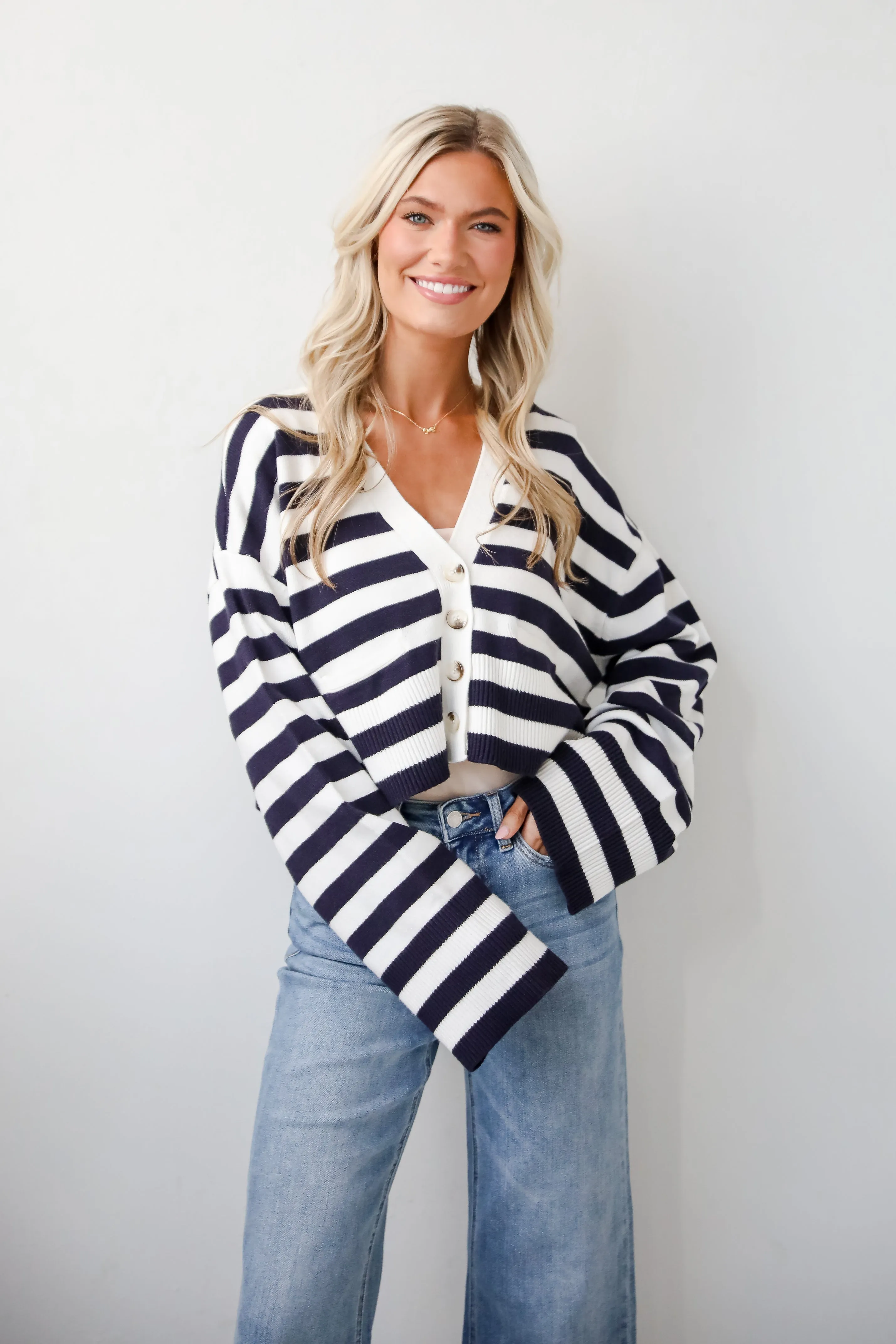 Genuine Charm Navy Striped Cropped Sweater Cardigan