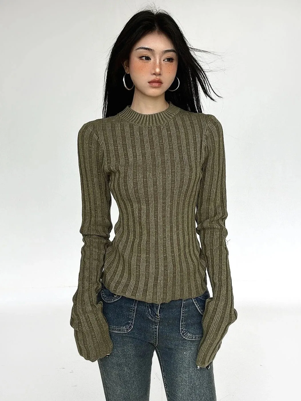 Girlary Vintage Green Crop Sweater Women Fairy Grunge Striped Pullover Casual Slim Knitted Jumper Harajuku Fashion Sueter Mujer