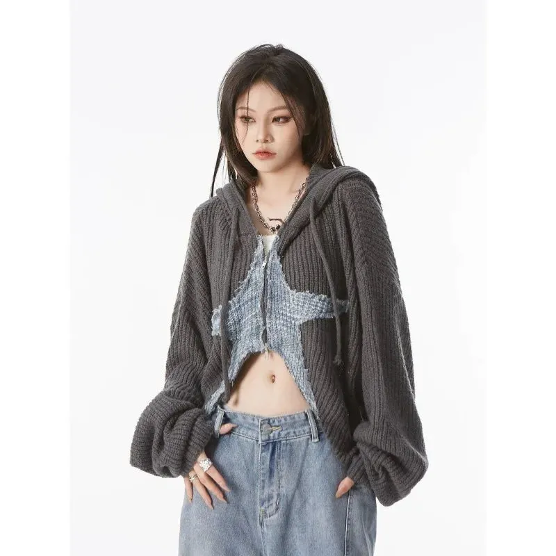 Girlary Y2k Grunge Women's Sweater Zip Up Cardigan Crop Knitwear Star Hooded Hip Hop Kint Autumn Oversize Streetwear Gyaru