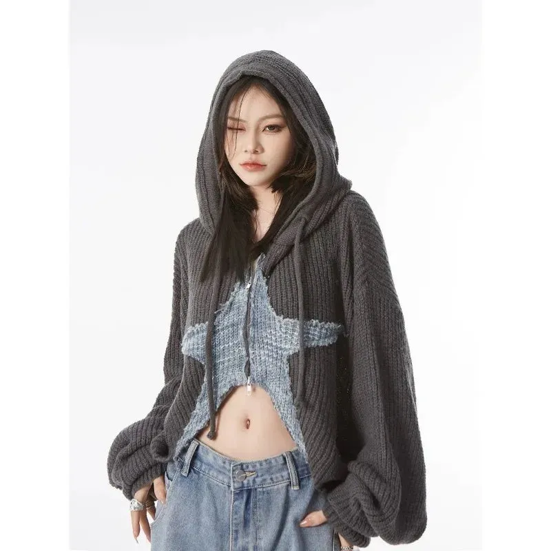 Girlary Y2k Grunge Women's Sweater Zip Up Cardigan Crop Knitwear Star Hooded Hip Hop Kint Autumn Oversize Streetwear Gyaru