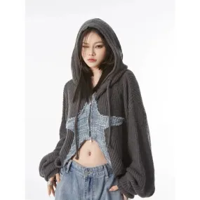 Girlary Y2k Grunge Women's Sweater Zip Up Cardigan Crop Knitwear Star Hooded Hip Hop Kint Autumn Oversize Streetwear Gyaru