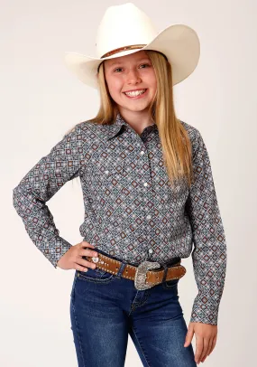 GIRLS LONG SLEEVE SNAP SILVER FOULARD WESTERN SHIRT