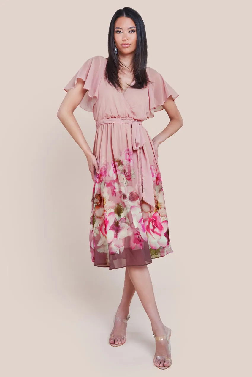 Goddiva Chiffon Floral Border Print Midi Dress - Blush