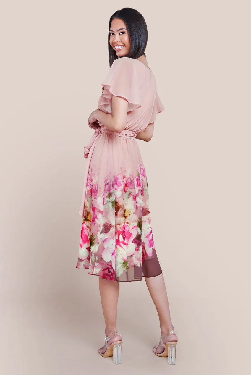 Goddiva Chiffon Floral Border Print Midi Dress - Blush