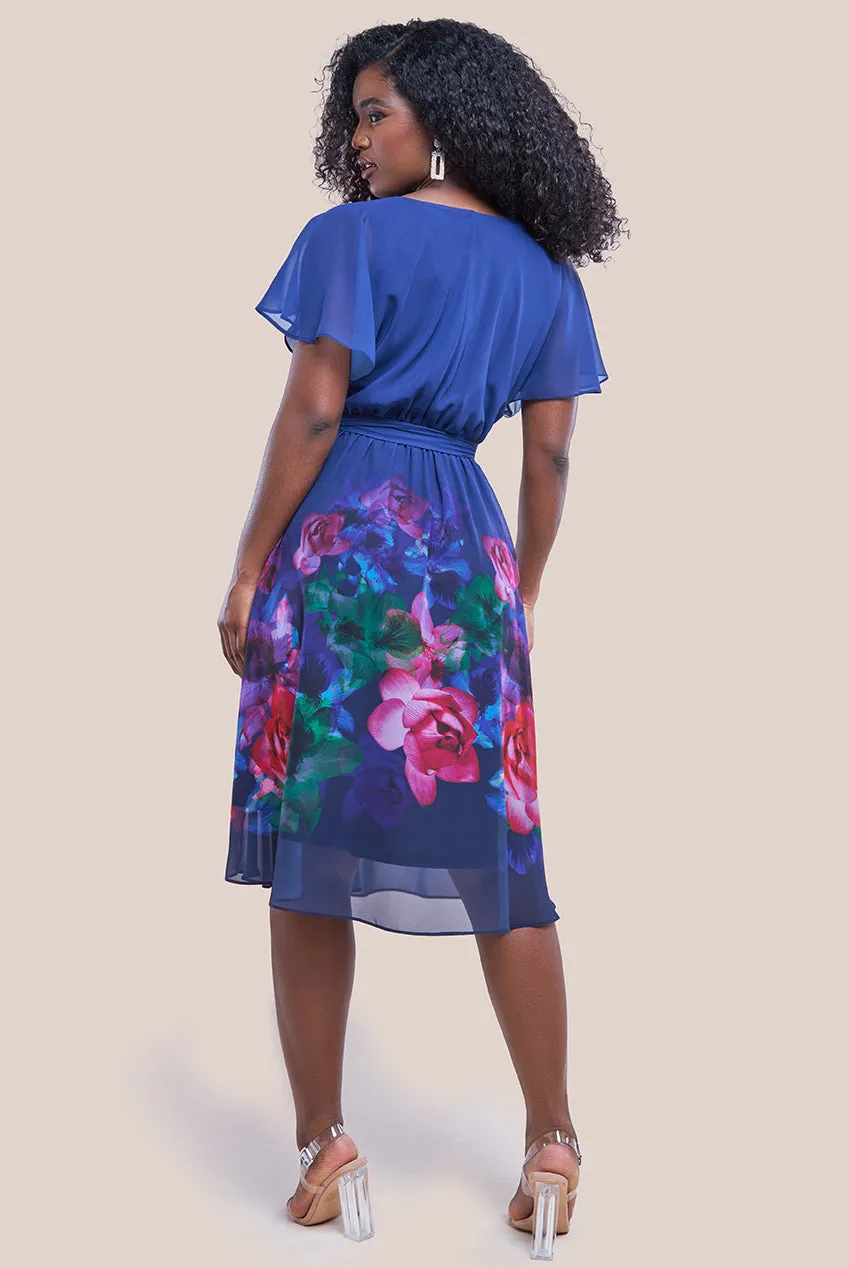 Goddiva Chiffon Floral Border Print Midi Dress - Navy