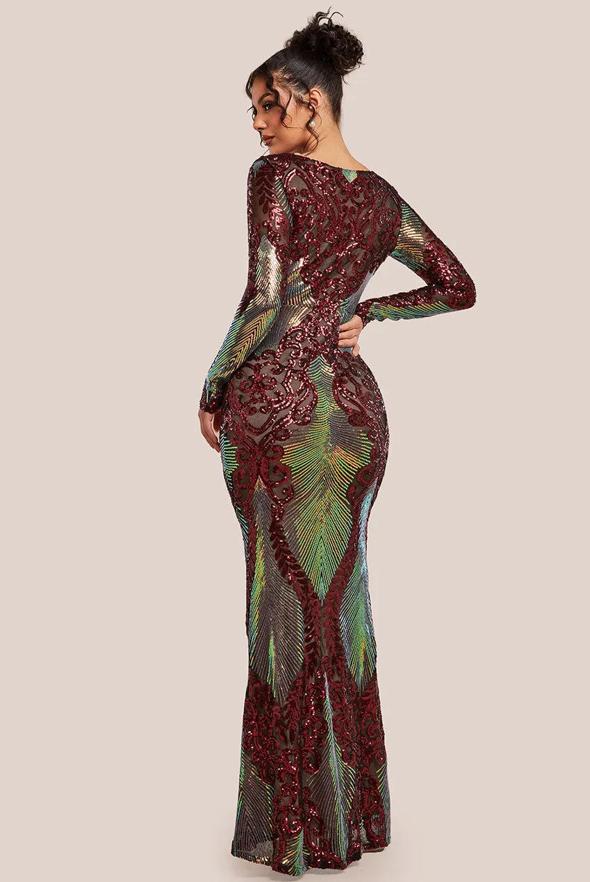 Goddiva Contrast Sequin Long Sleeve Maxi Dress - Wine