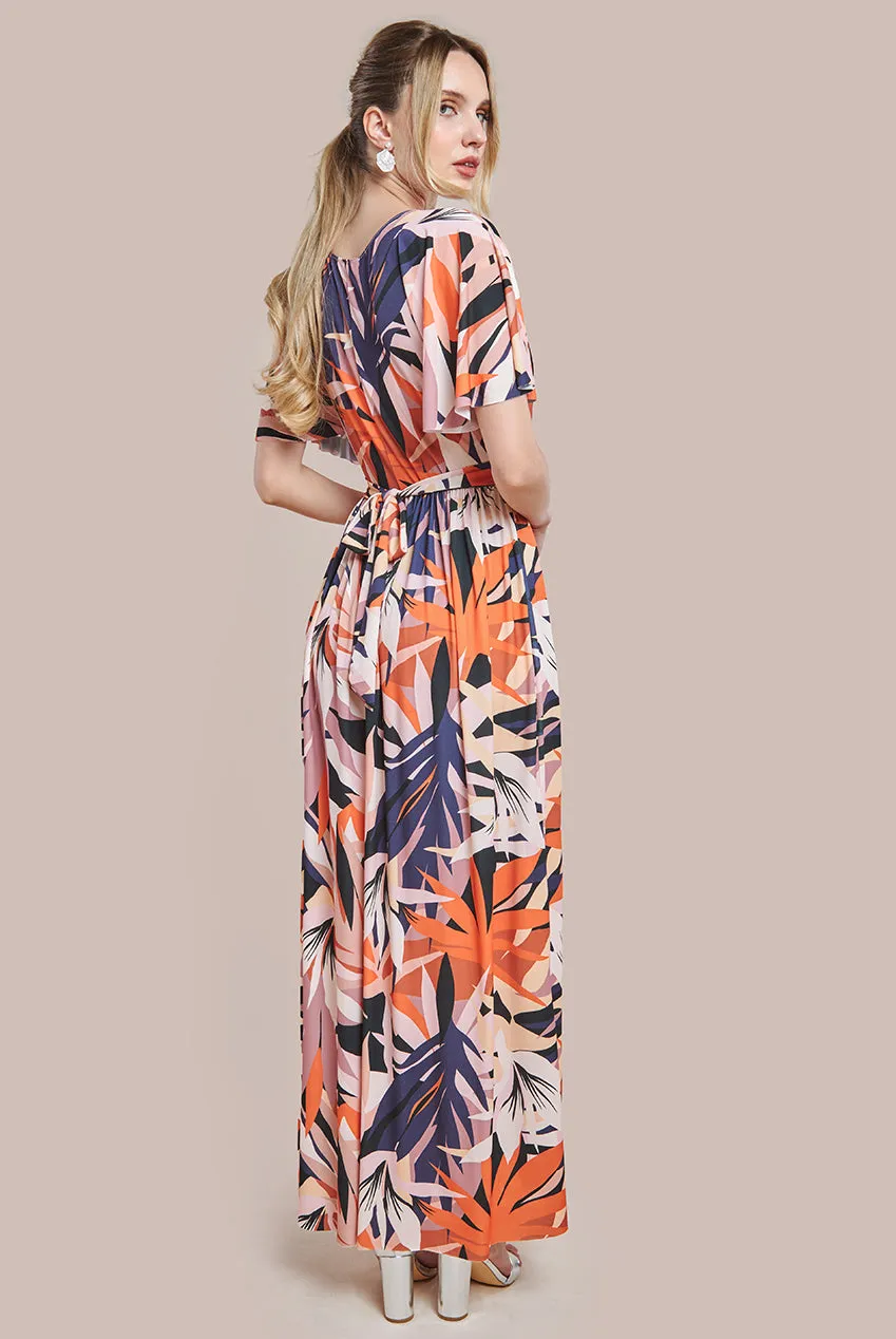 Goddiva Floral Print Flutter Sleeve Maxi - Orange Print