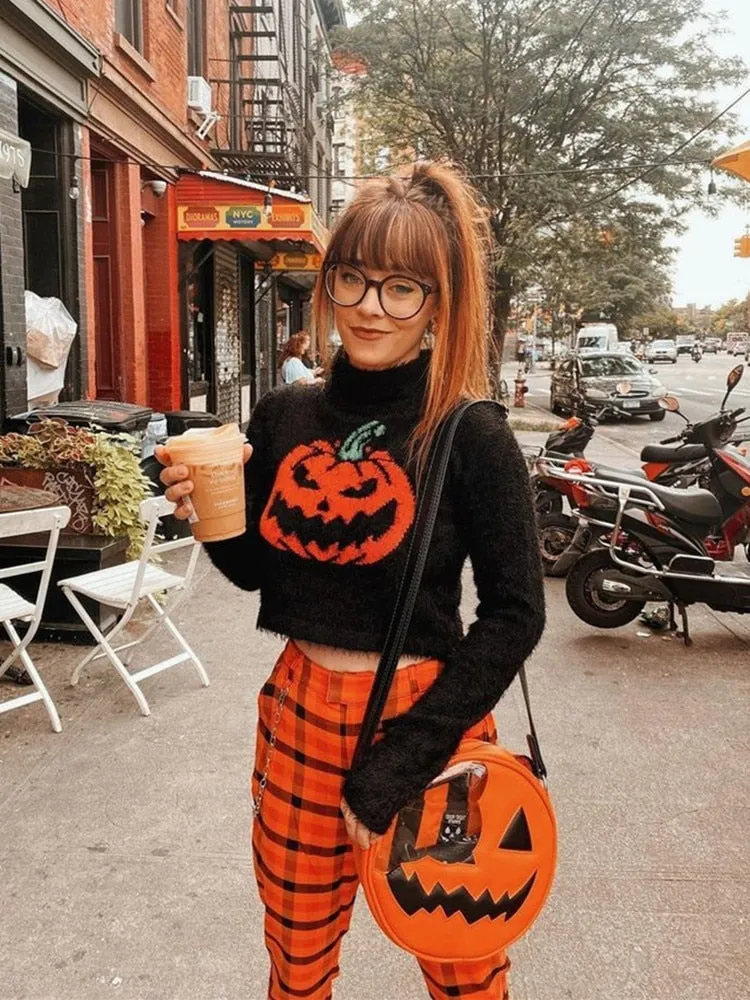 Gothic Black Pumpkin Print Women's Sweater Turtleneck Pullover Crop Long Sleeves Halloween Grunge Girls Party Top