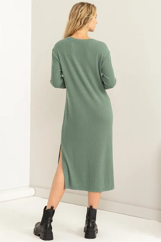 Gray Green Ribbed Long Sleeve Midi Dress