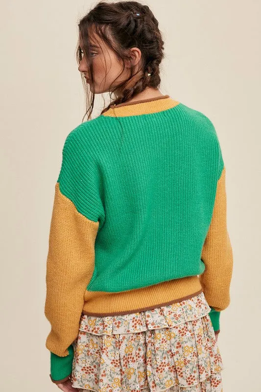 Green Color Block Ribbed Knit Sweater