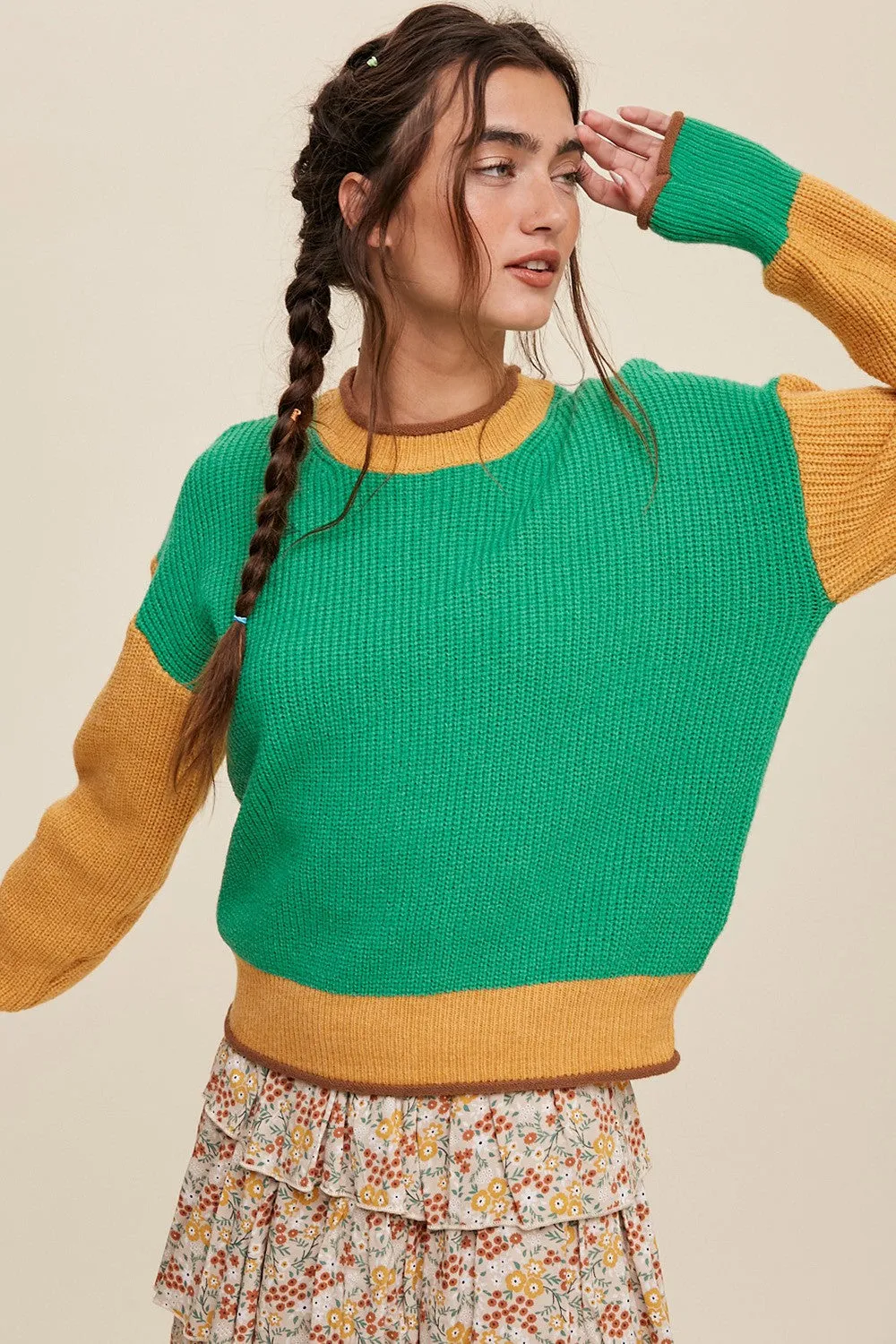 Green Color Block Ribbed Knit Sweater