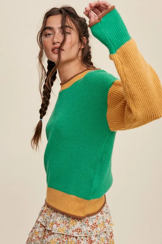 Green Color Block Ribbed Knit Sweater