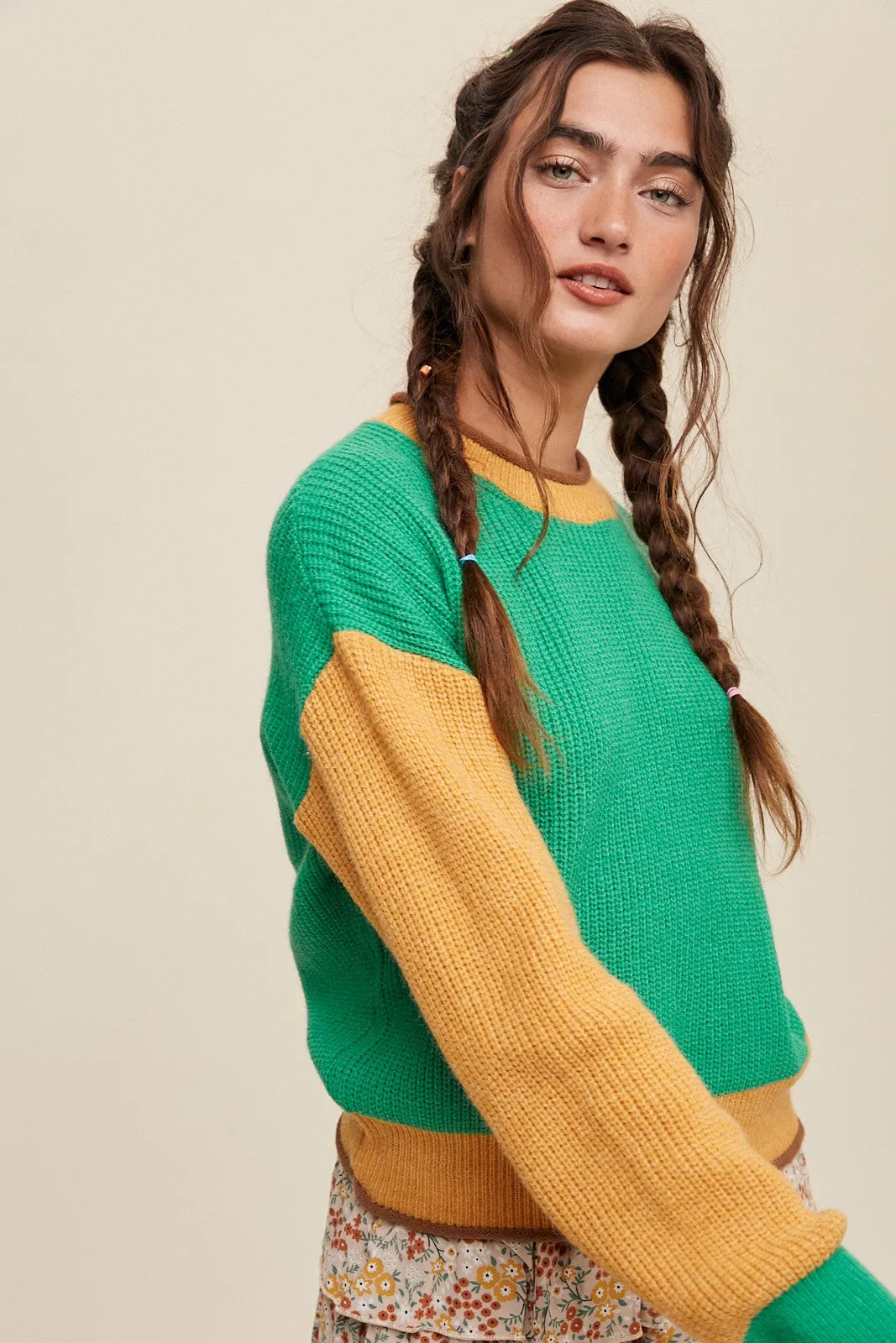 Green Color Block Ribbed Knit Sweater