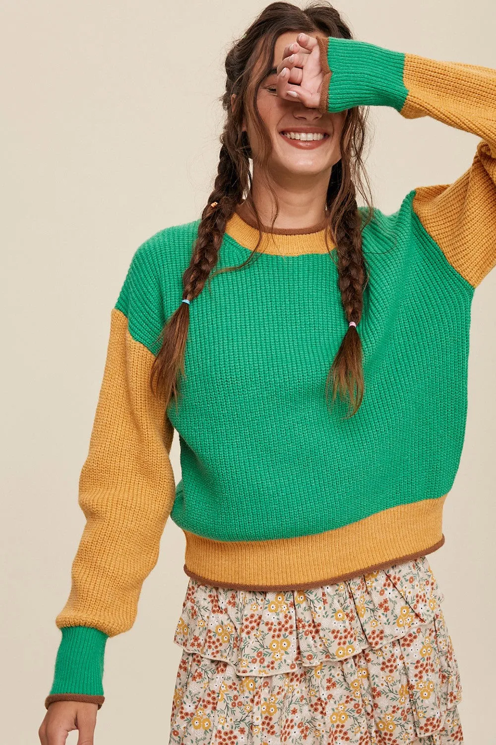 Green Color Block Ribbed Knit Sweater