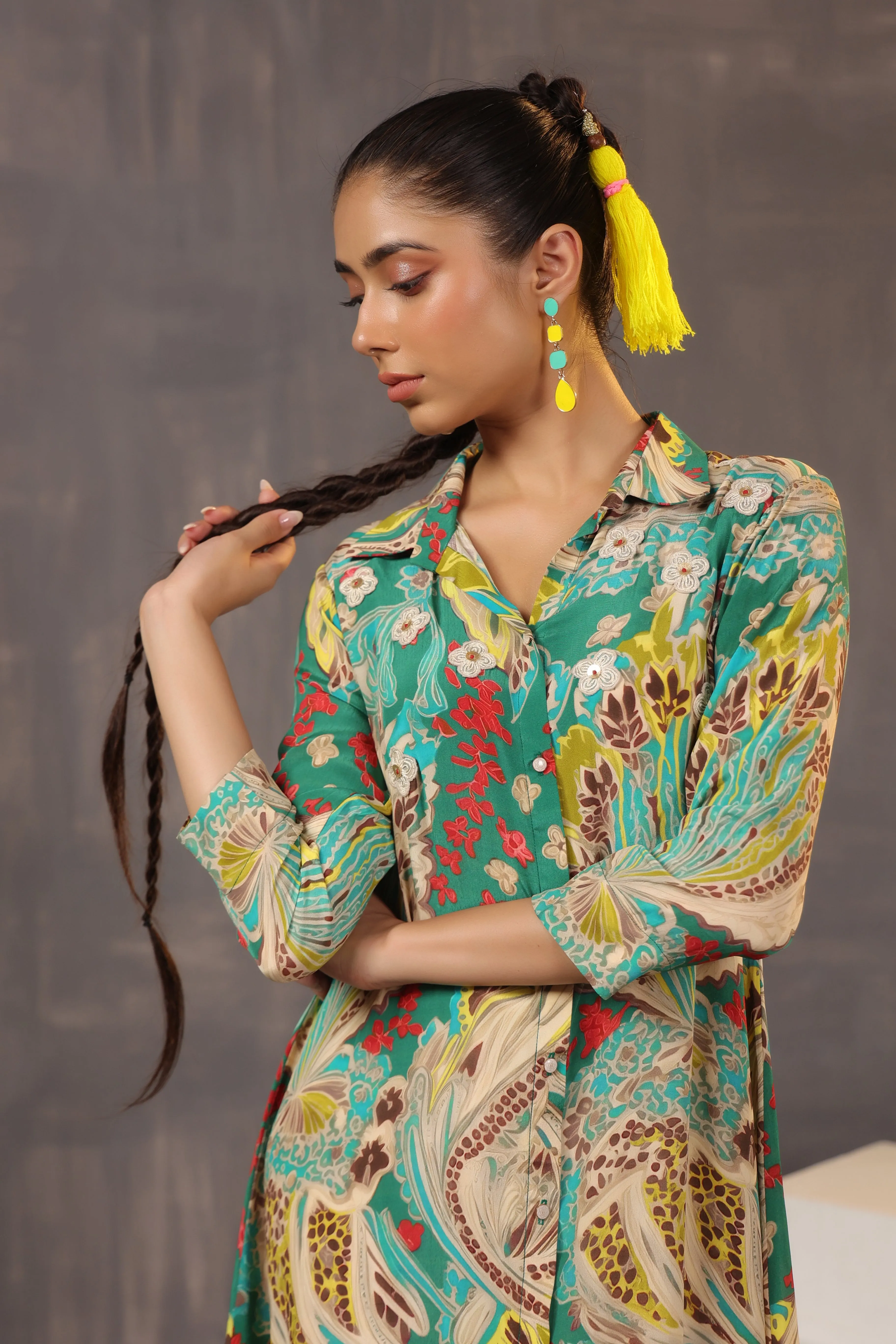 Green Printed Crepe Silk Shirt