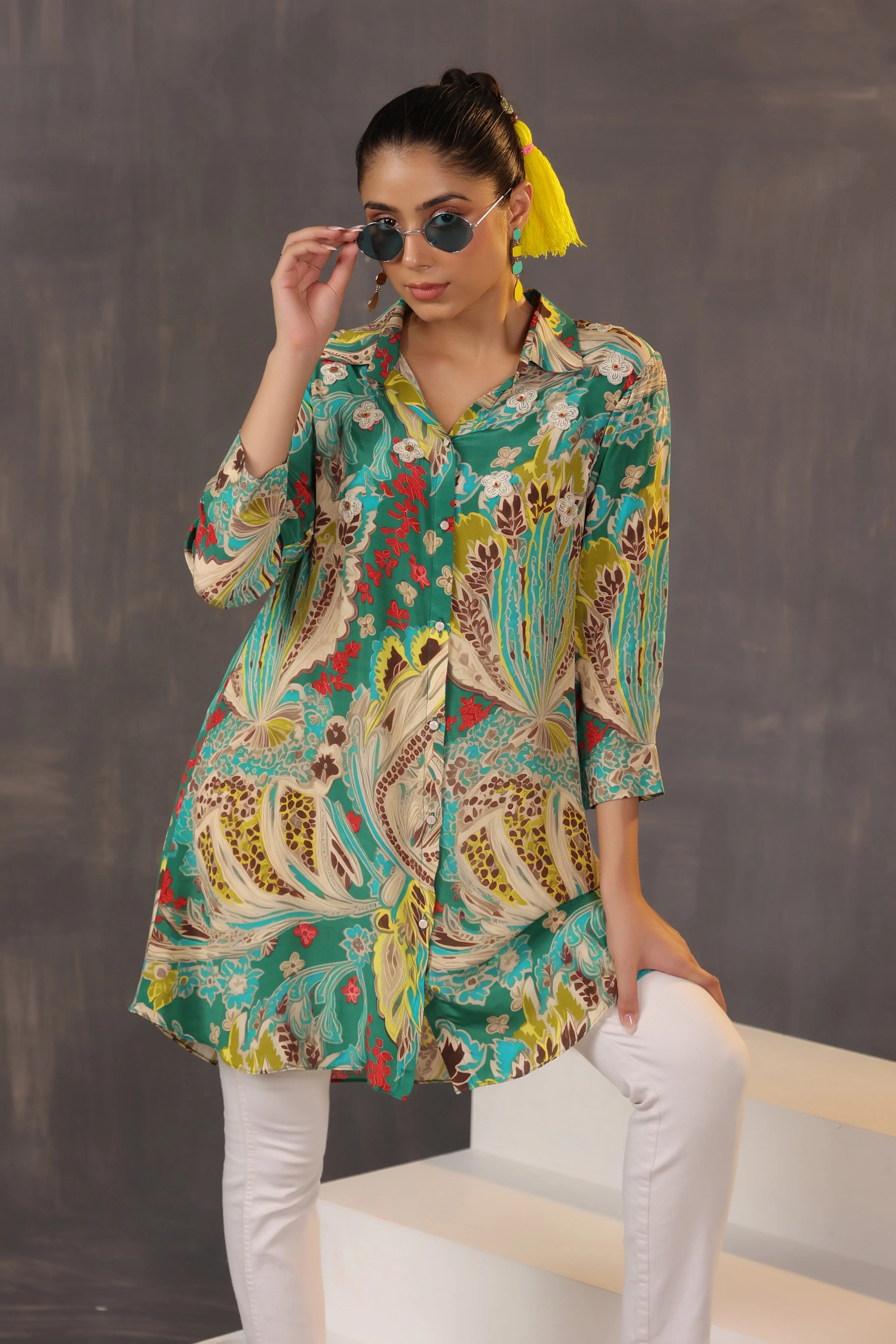 Green Printed Crepe Silk Shirt