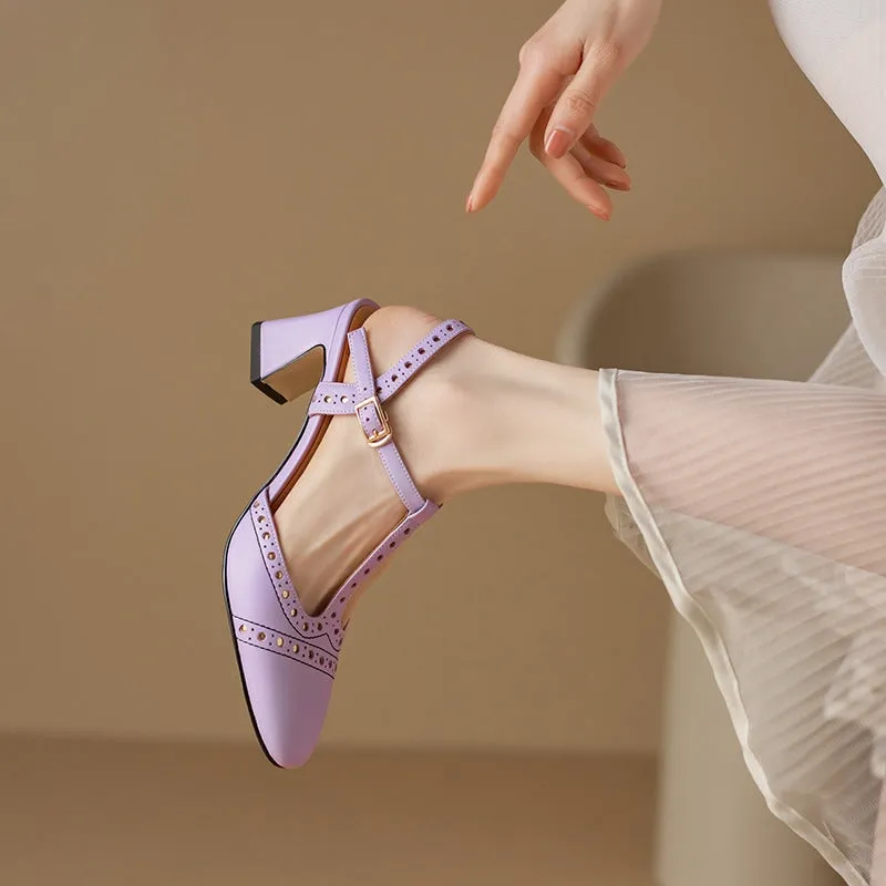 Handmade Leather T-strap Block Heel Mary Jane Shoes For Summer Slingback Sandals in Beige/Purple