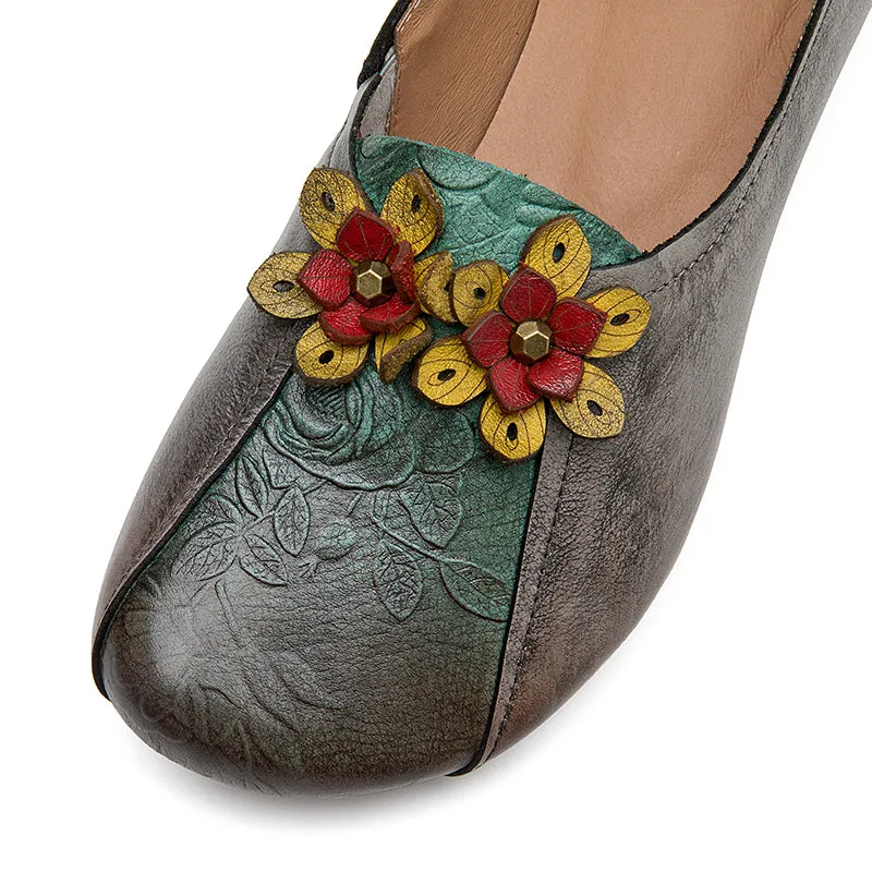 Handmade Women's Low Heel Flower Leather Flats Slip On Shoes For Spring/Summer in Grey