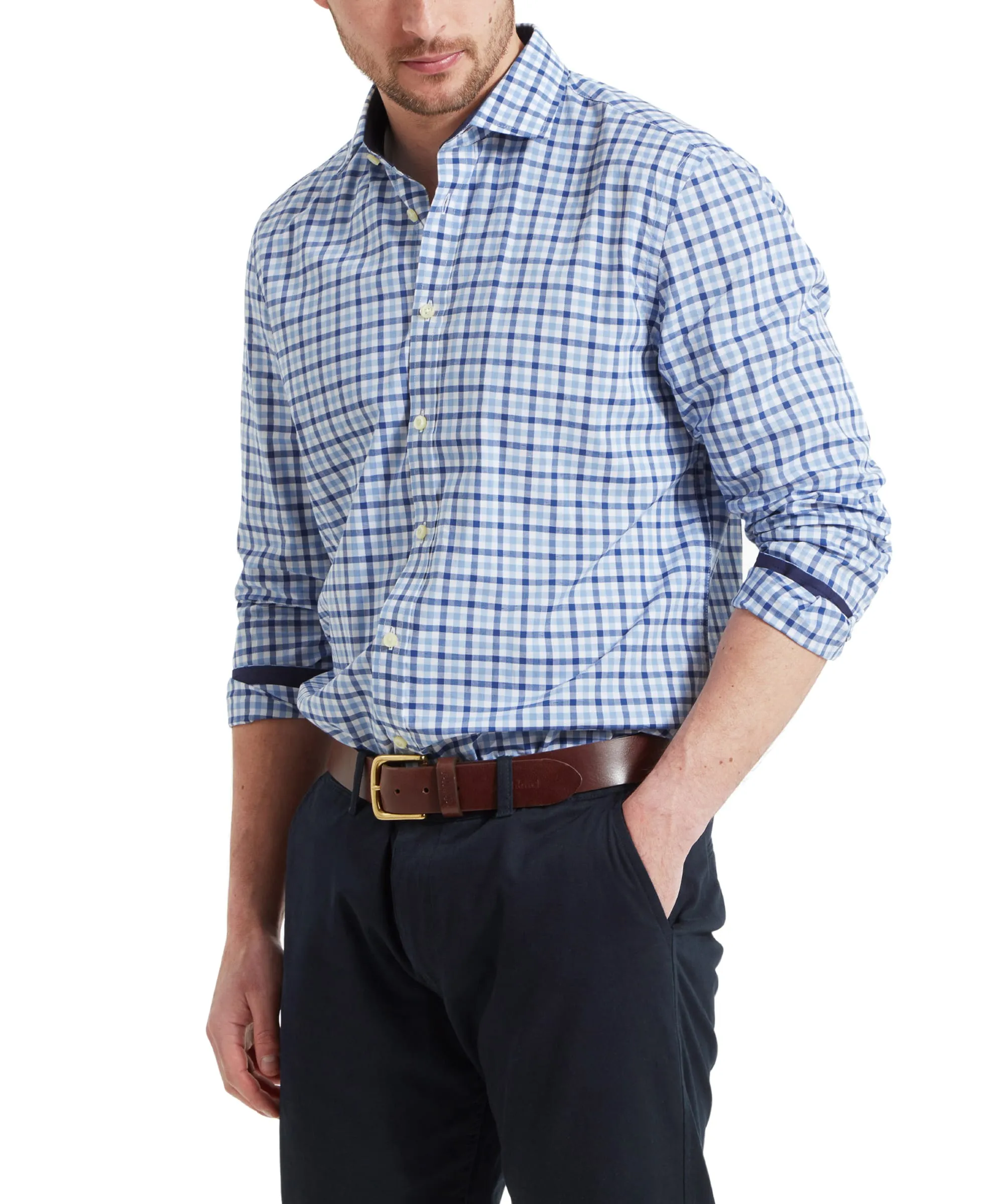 Hebden Tailored Shirt - French Navy/Sky Blue Check