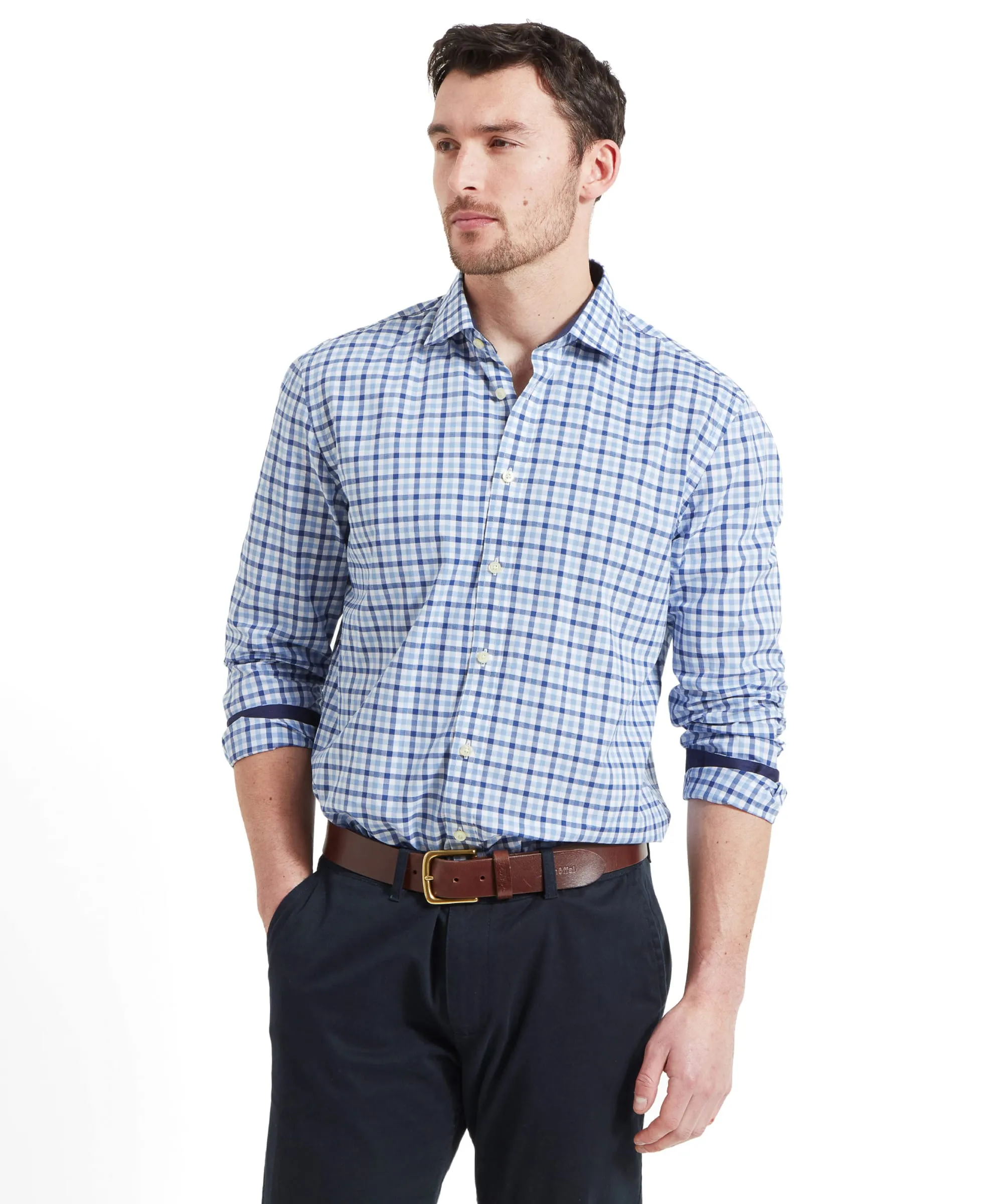 Hebden Tailored Shirt - French Navy/Sky Blue Check