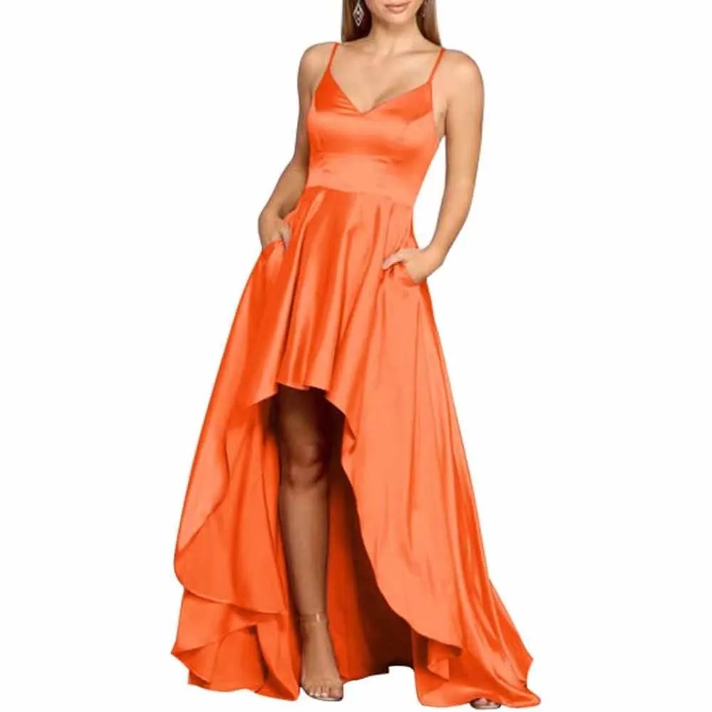 High Low Satin Bridesmaid Dress Prom Dresses A Line Event Dress with Pockets