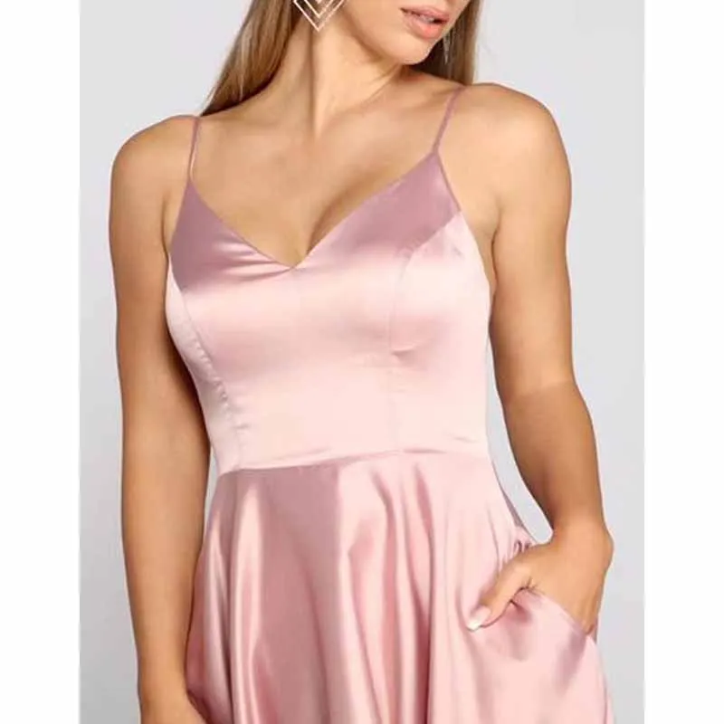 High Low Satin Bridesmaid Dress Prom Dresses A Line Event Dress with Pockets