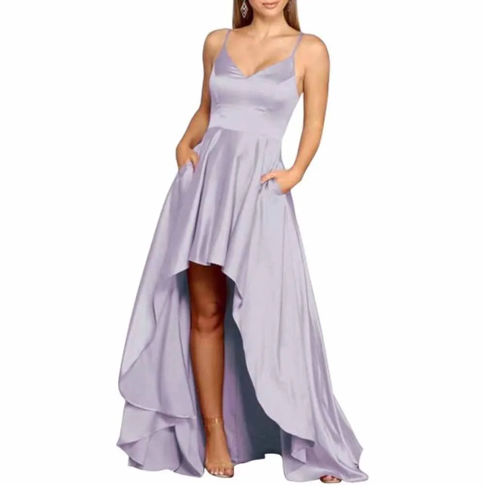 High Low Satin Bridesmaid Dress Prom Dresses A Line Event Dress with Pockets