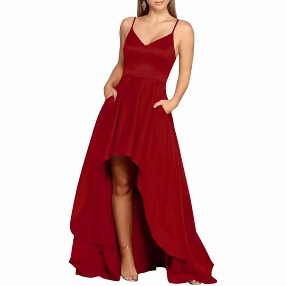 High Low Satin Bridesmaid Dress Prom Dresses A Line Event Dress with Pockets