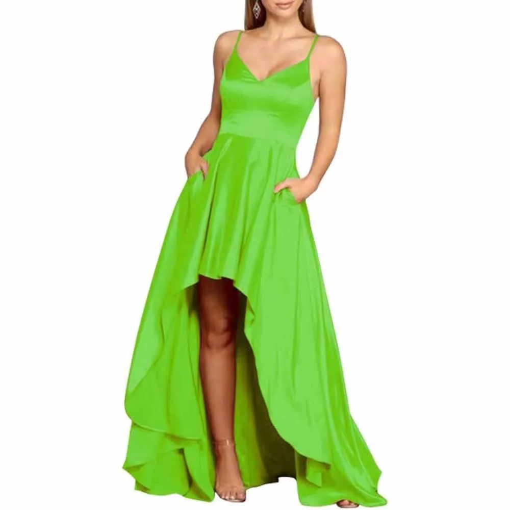 High Low Satin Bridesmaid Dress Prom Dresses A Line Event Dress with Pockets