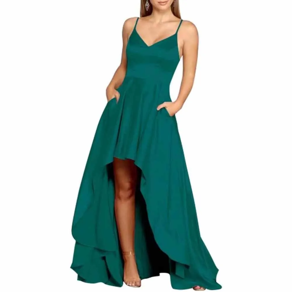 High Low Satin Bridesmaid Dress Prom Dresses A Line Event Dress with Pockets