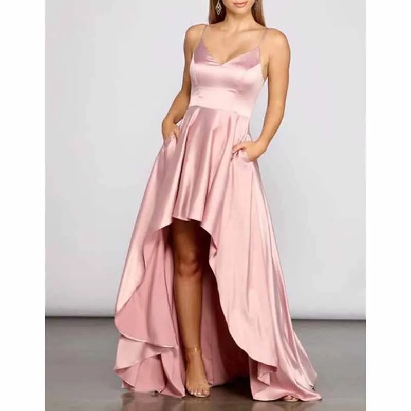 High Low Satin Bridesmaid Dress Prom Dresses A Line Event Dress with Pockets