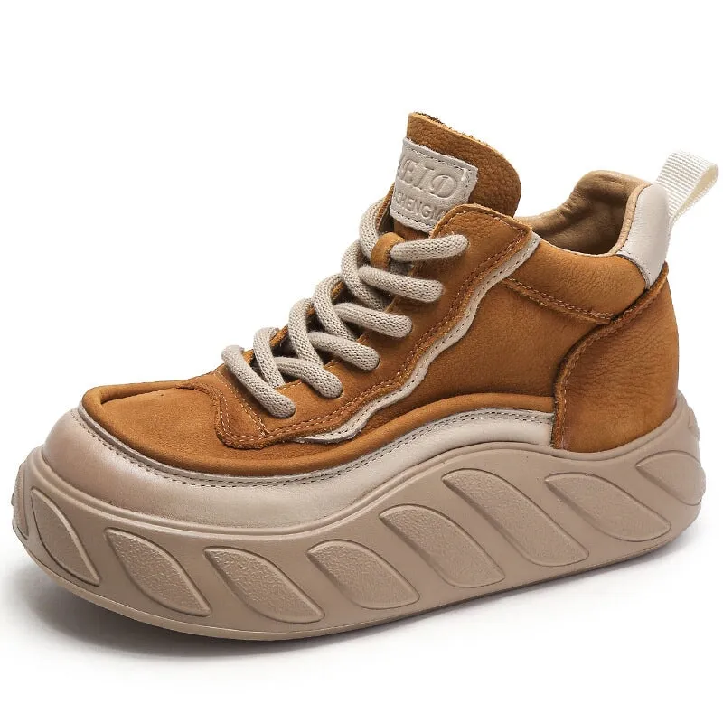 High-top Lace Up Leather 45mm Platform Sneakers for Women in Brown/Yellow