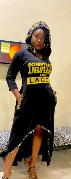 HiLow Black &Gold ‘Something Different From Lagos’ Hooded Dress, with Embellishment Detail.